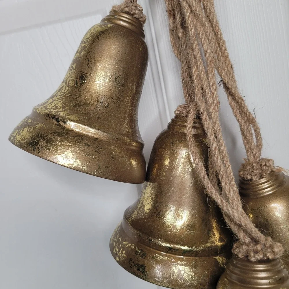 Rustic 5 Hanging Bells Gold Metal Bells w/ Jute Rope‎ Distressed Holidays Decor
